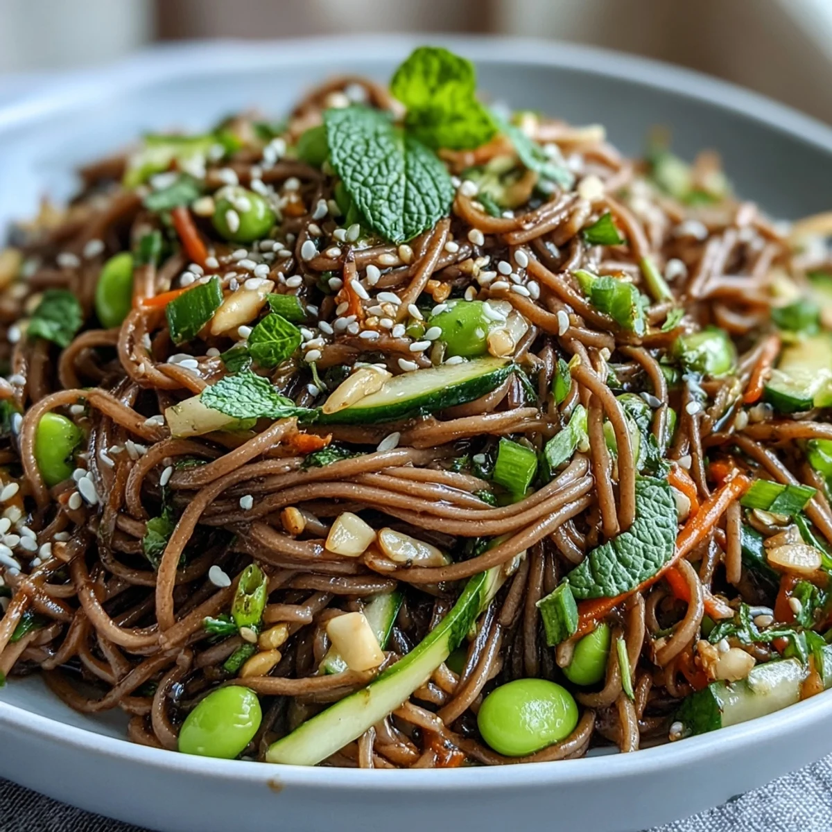 Chilled Soba Noodle Bowl garnished with sesame seeds, edamame, and crisp vegetables in a savory sesame dressing.