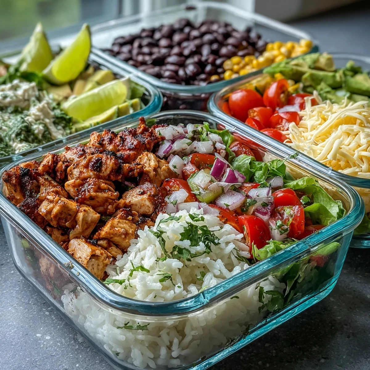 Meal Prep Burrito Bowl Base featuring seasoned chicken, black beans, fluffy rice, and fresh diced vegetables in meal prep containers.