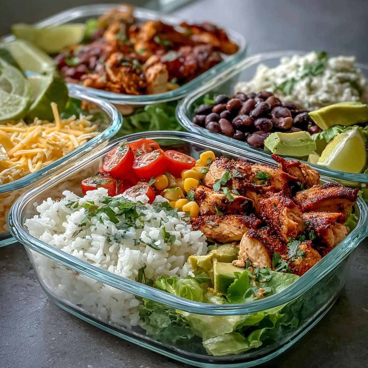 Meal Prep Burrito Bowl Base with golden tofu, cilantro, and avocado, ready for a quick, healthy lunch assembly.