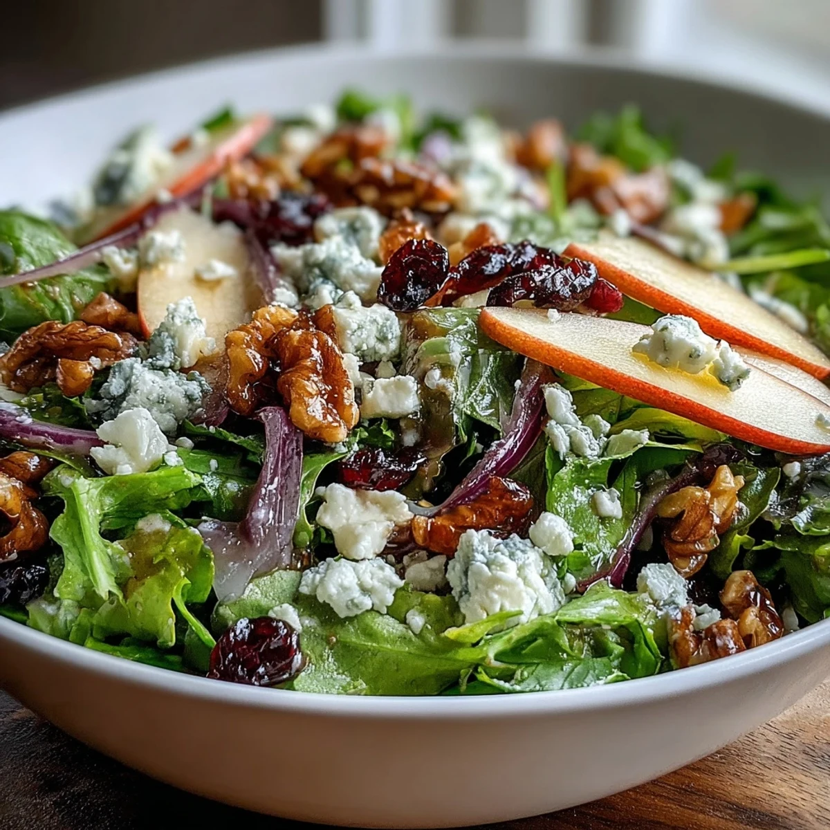 Freshly prepared Mixed Greens and Apple Bowl topped with sliced apples and dried cranberries on a white ceramic platter.