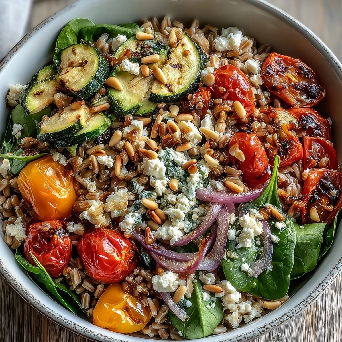 Bright Mediterranean farro pasta bowl with diced zucchini, red and yellow bell peppers, and cherry tomatoes, topped with crumbled feta and fresh parsley for a colorful vegetarian meal.