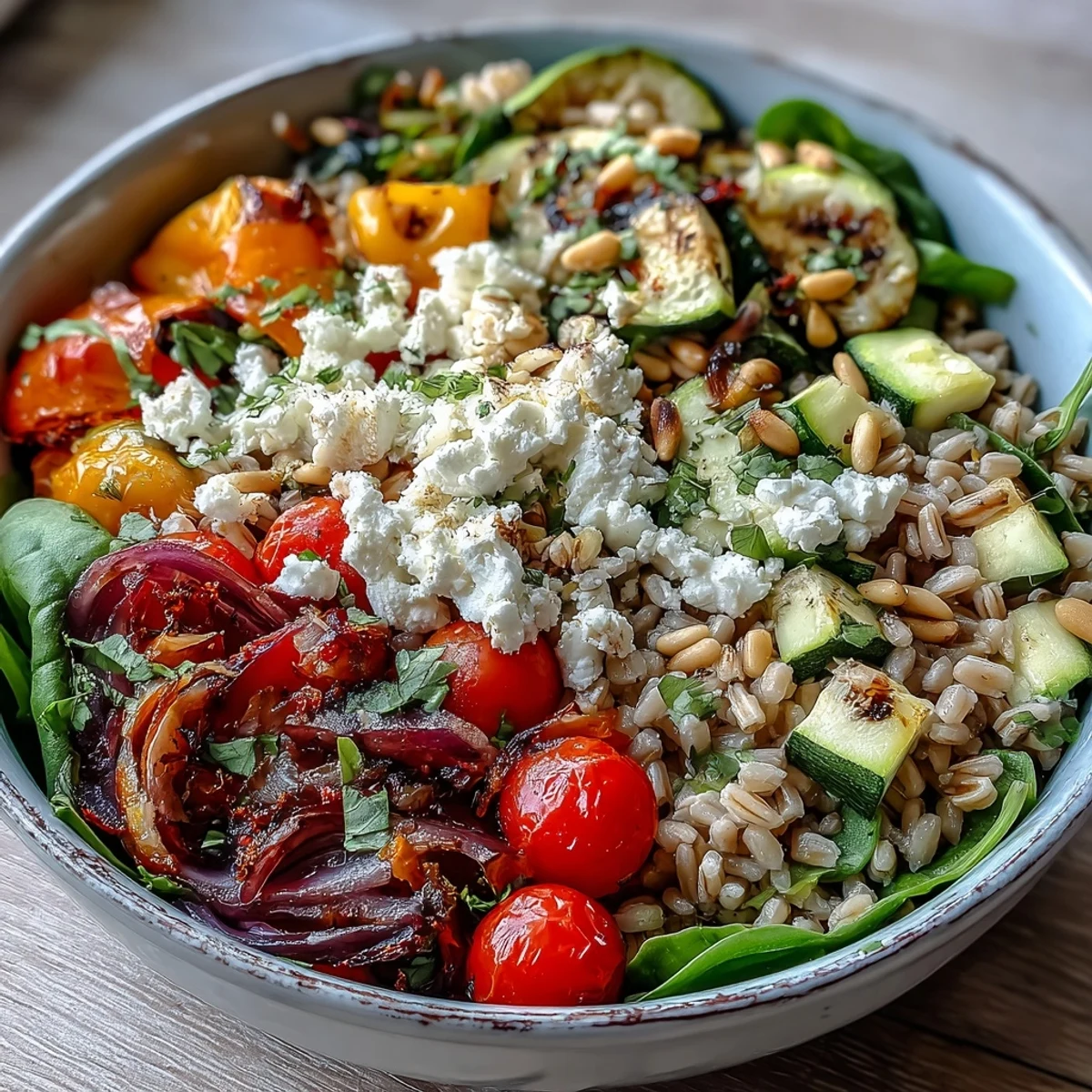 Hearty farro pasta bowl tossed with sautéed vegetables, baby spinach, and a zesty lemon-olive oil dressing, finished with toasted pine nuts and feta for extra Mediterranean flavor.