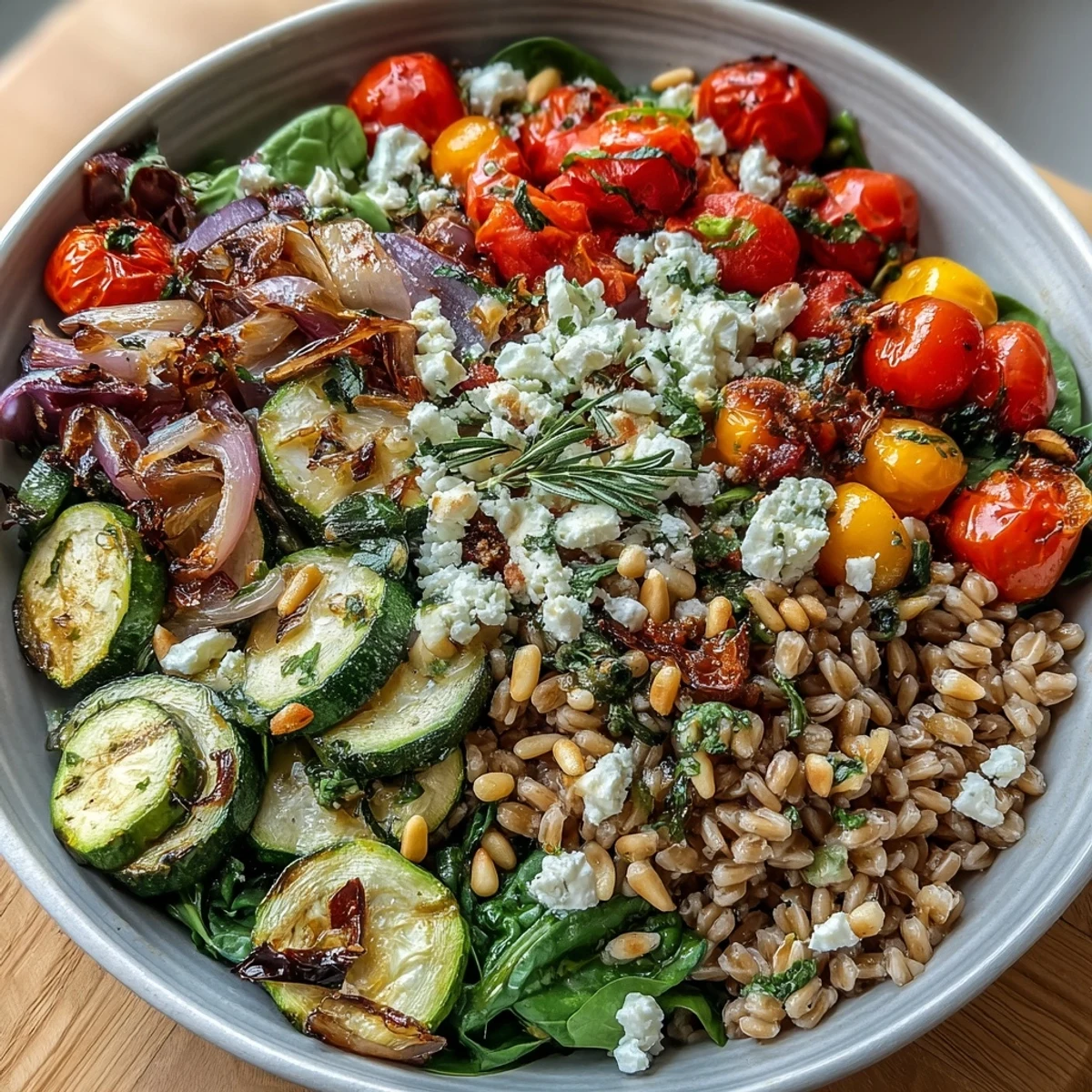 Warm farro pasta dish served in a white bowl, featuring vibrant red onions, garlic, spinach, and juicy tomatoes, drizzled with oregano dressing and ready for a light lunch.