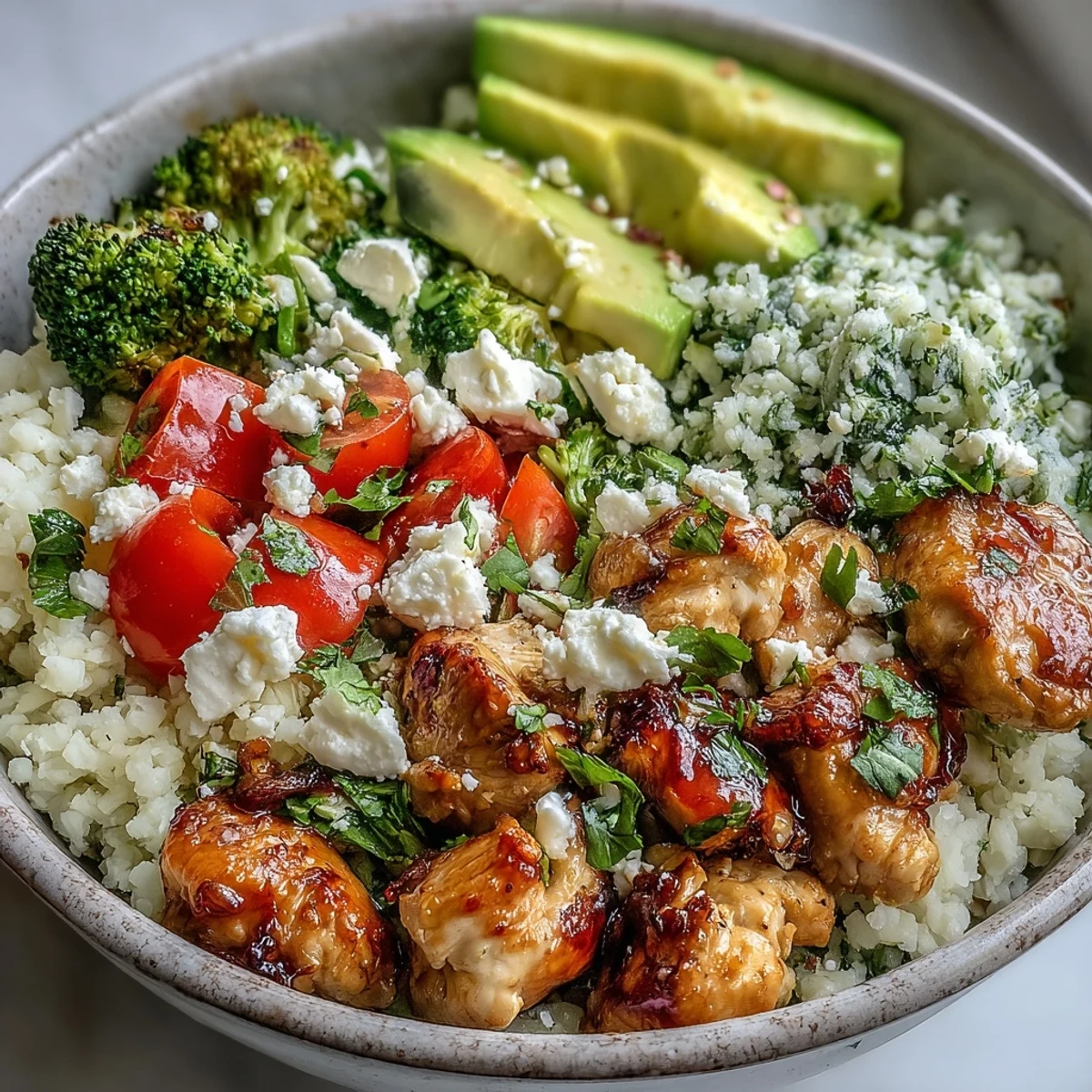Colorful low-carb cauliflower rice bowl topped with grilled chicken, crisp vegetables, and fresh avocado slices.