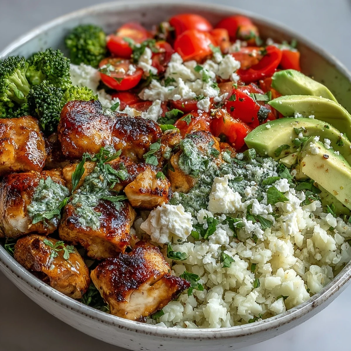 Hearty Cauliflower Rice Bowl with golden chicken, cherry tomatoes, and a creamy tahini yogurt drizzle.