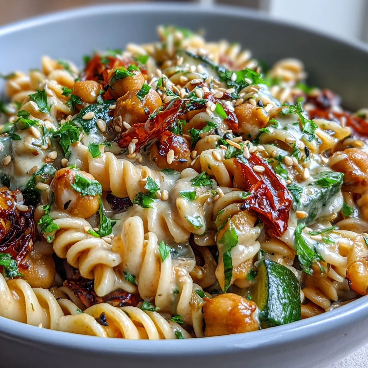Fresh parsley and toasted sesame seeds garnish this vibrant Mediterranean Chickpea Pasta Bowl, served warm for a wholesome weeknight meal.