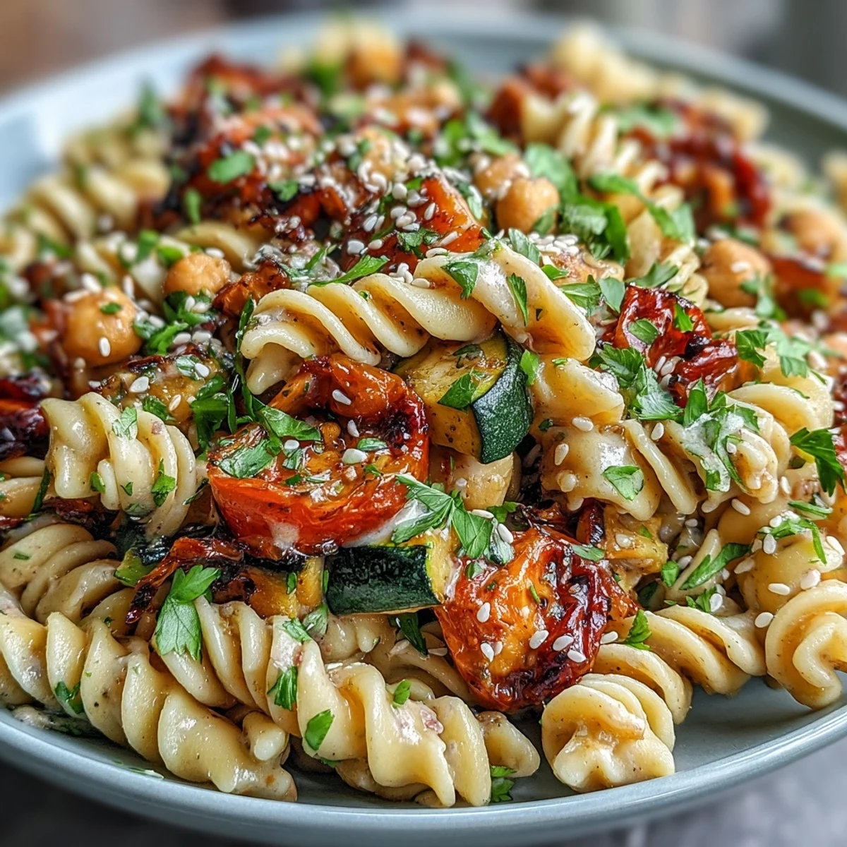 Tender roasted vegetables and chickpea pasta tossed in a silky lemon-tahini dressing create a fiber-rich, plant-based dinner bowl ready in 45 minutes.