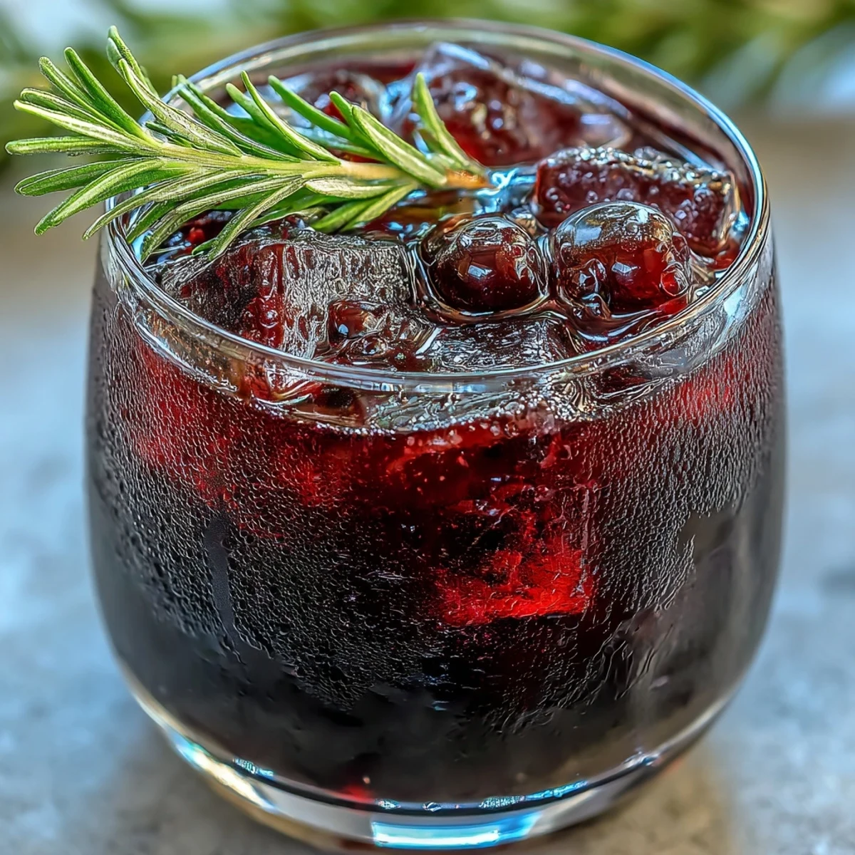 A chilled rocks glass holds the deep purple Black Currant Rosemary Cocktail, garnished with a fresh sprig and lemon twist.