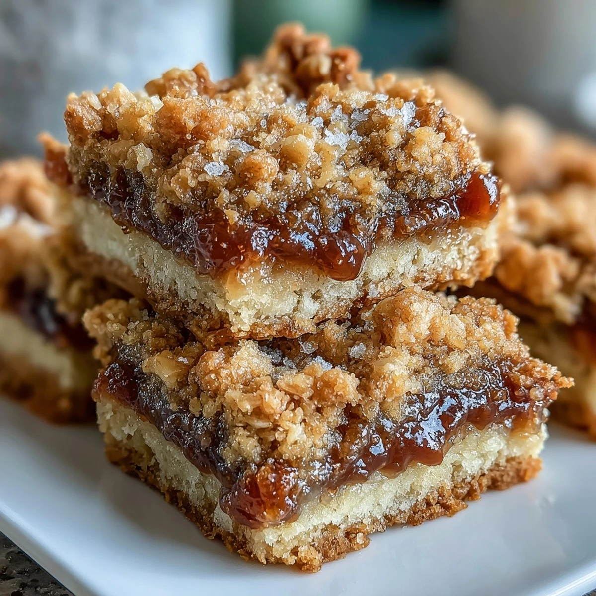 A stack of homemade Guava Jam Bars cut into neat squares, showing buttery layers and sweet guava jam on a marble countertop.