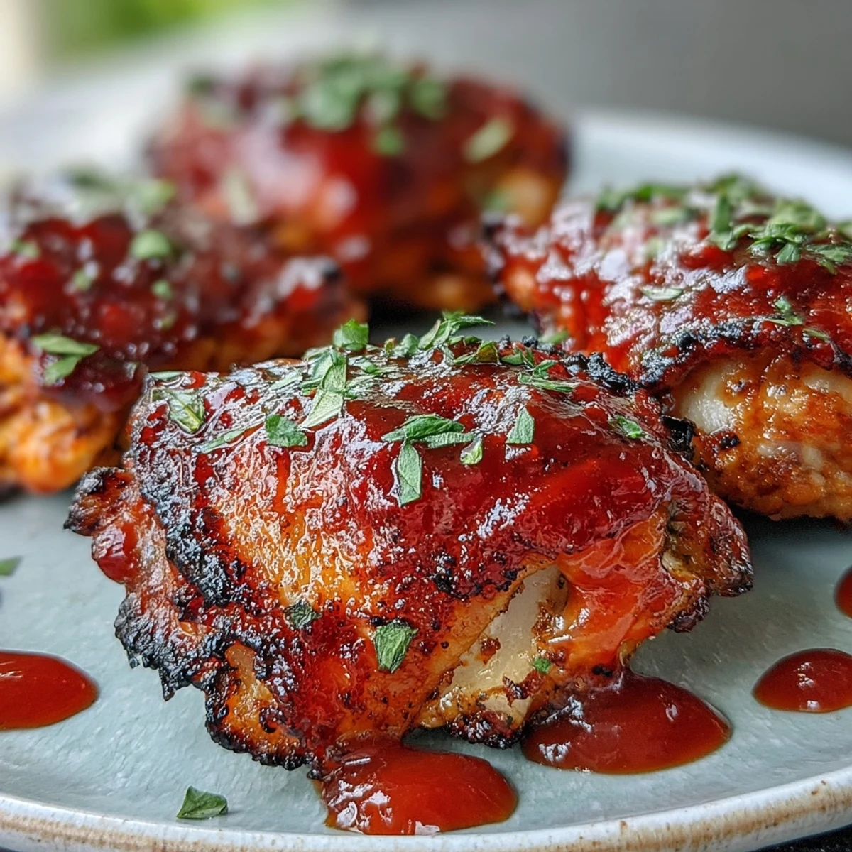 Freshly roasted Guava BBQ Sauce Chicken thighs glistening with a sticky, tropical glaze, served on a rustic platter.