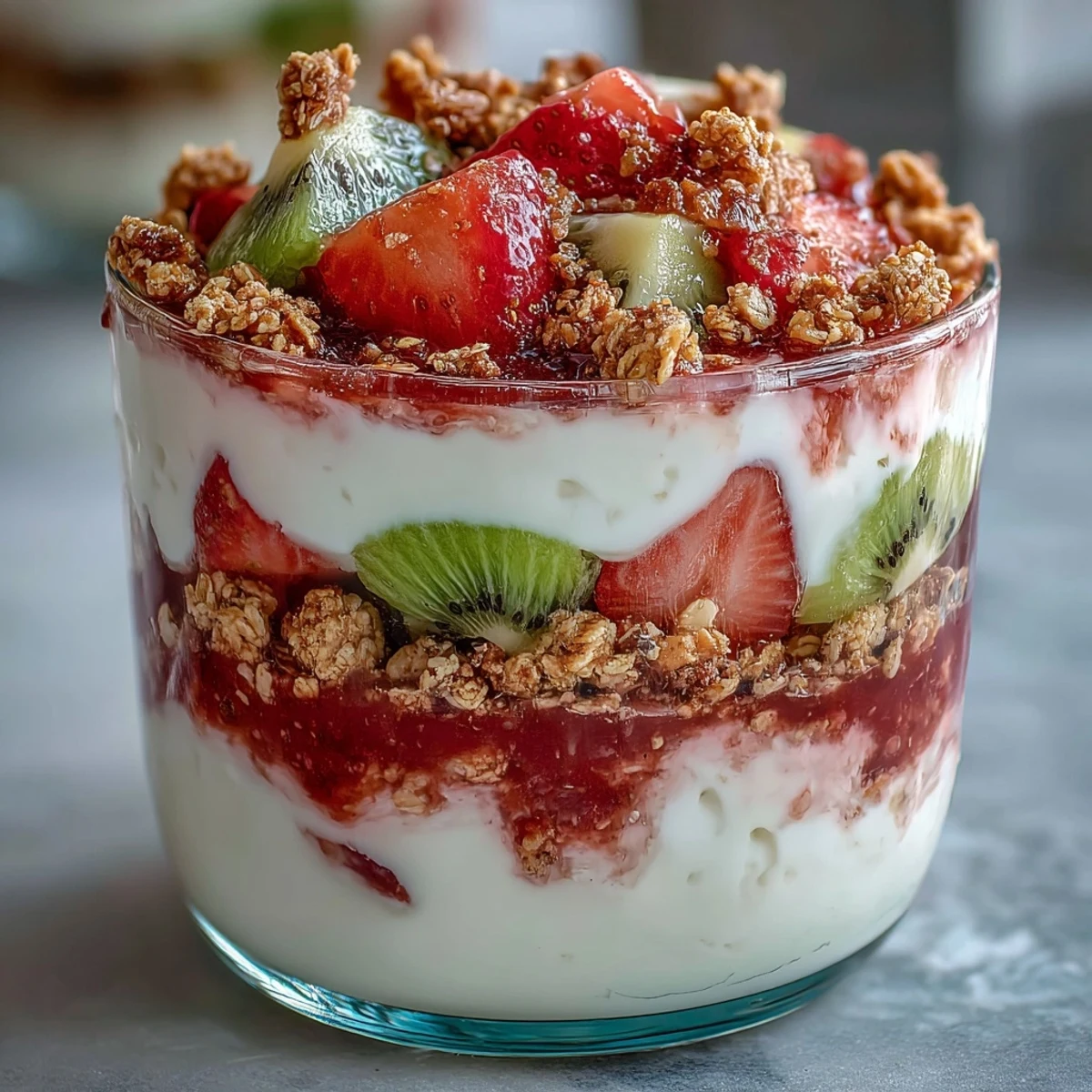 Clear glass jars display layered Guava-Flavored Yogurt Parfait with Greek yogurt, pink guava preserves, sliced strawberries, kiwi, and crunchy granola.