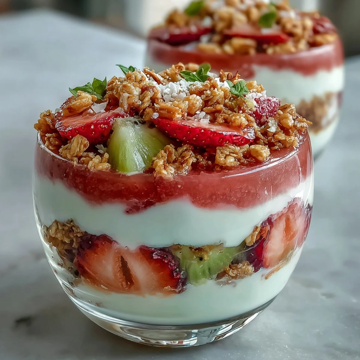 Overhead view of Guava-Flavored Yogurt Parfait in jars, topped with shredded coconut and fresh fruit, ready to serve with a tropical feel.