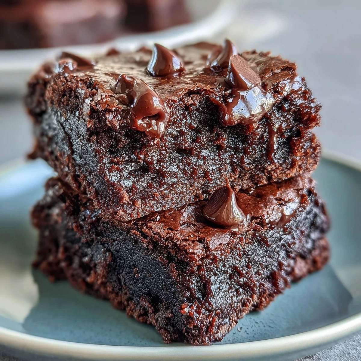 A slice of fudgy Greek Yogurt Brownies sits on a white plate, showcasing a moist, dark chocolate crumb with visible flecks of almond flour and a light dusting of cocoa powder.