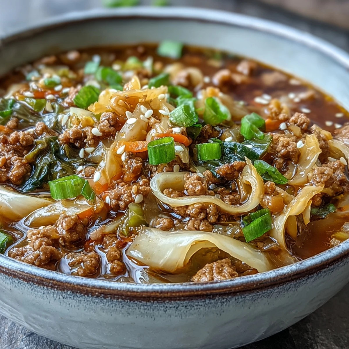 A steaming bowl of Cozy One-Pot Egg Roll Soup garnished with fresh green onions, ready for a chilly evening meal.