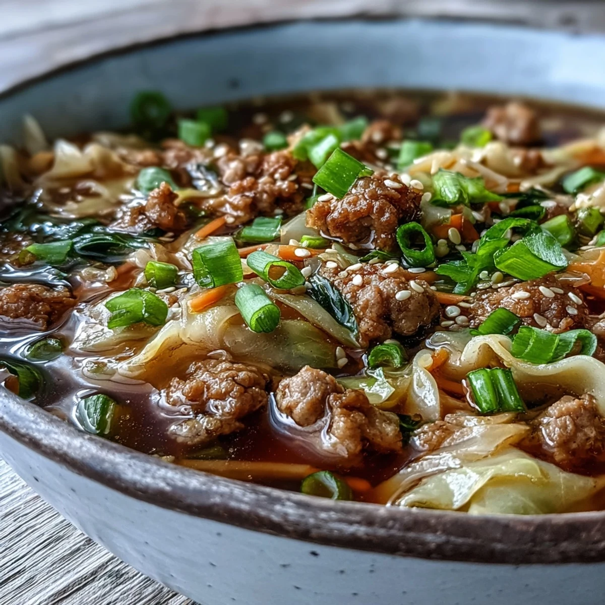 Cozy One-Pot Egg Roll Soup served hot with a drizzle of sriracha and sesame seeds for added spice and crunch.