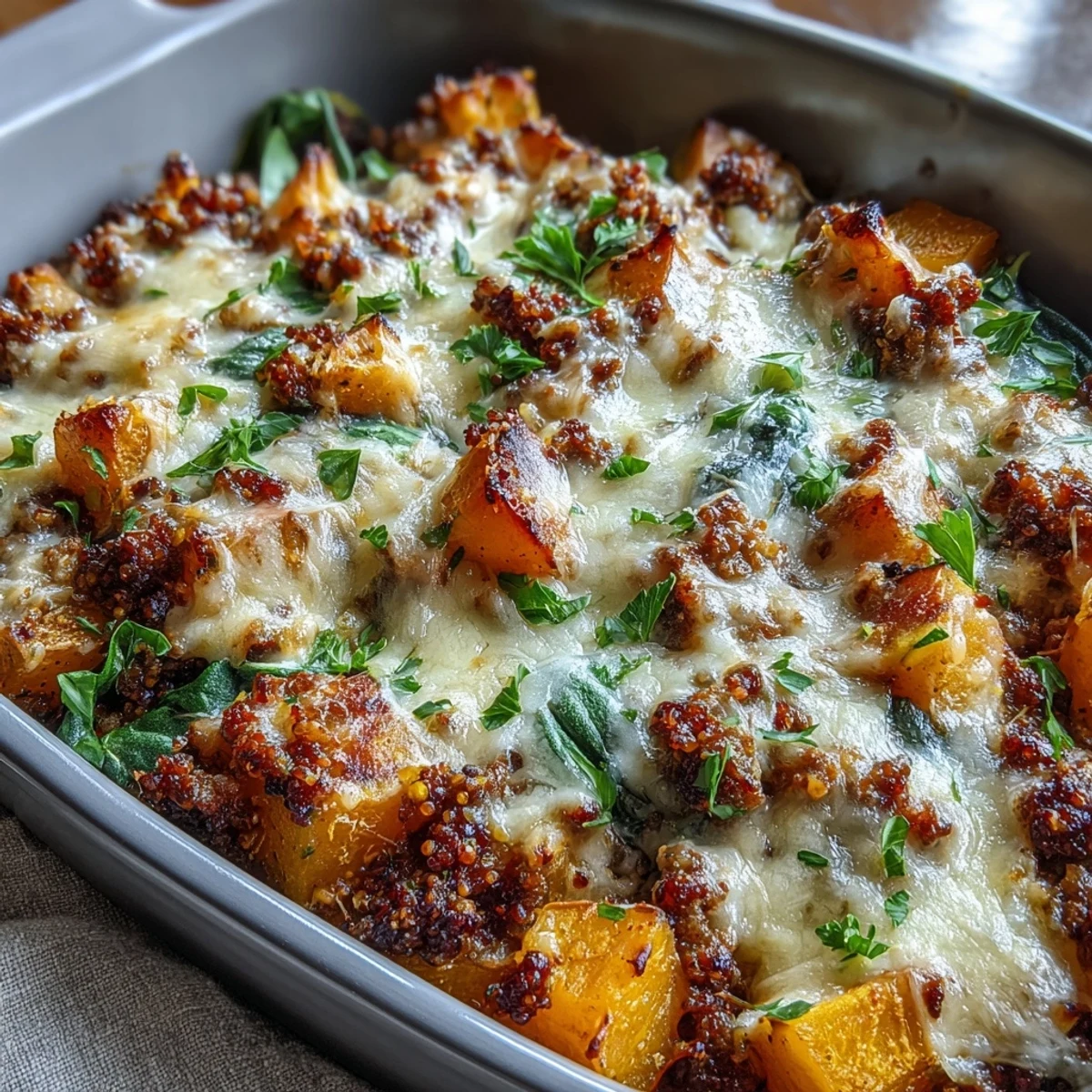 Golden melted mozzarella and Parmesan top this Cozy Butternut Squash & Sausage Casserole, featuring roasted squash cubes and savory Italian sausage.
