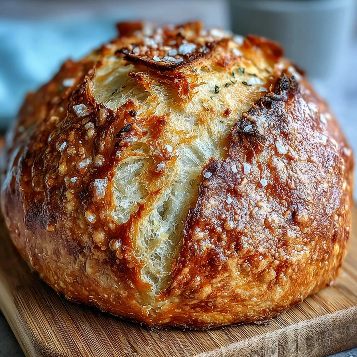 Close-up of a golden, crusty Perfect Parmesan Garlic Artisan Bread, with steam rising from the cheesy, garlicky interior crumb.