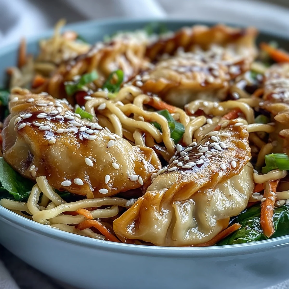 Golden lo mein noodles and vegetable potstickers glisten in a hot skillet, tossed with bright carrots and cabbage.
