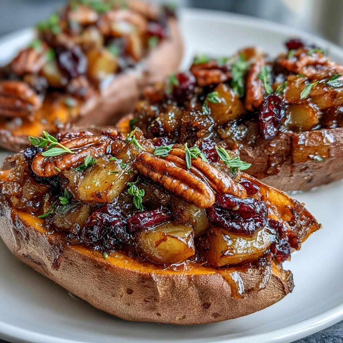 A close-up view of Cranberry Apple Twice Baked Sweet Potatoes, revealing a vibrant filling of tender sweet potatoes, spiced apples, and bubbling cranberries.