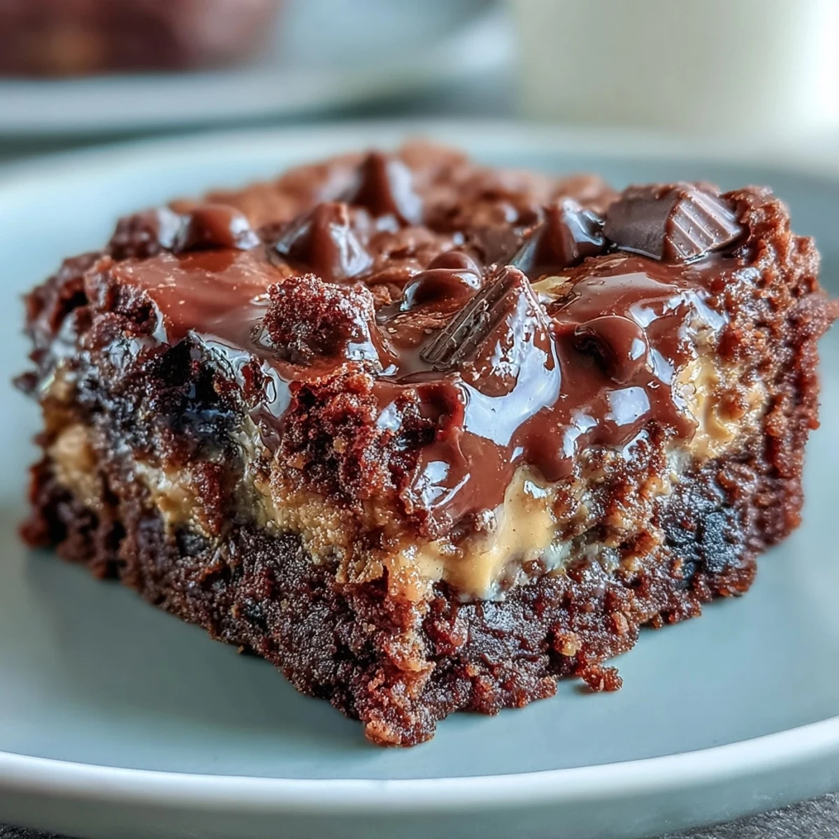 A slice of Rich Peanut Butter Cup Dump Cake shows fudgy layers of chocolate cake and melted peanut butter cups on a white plate.