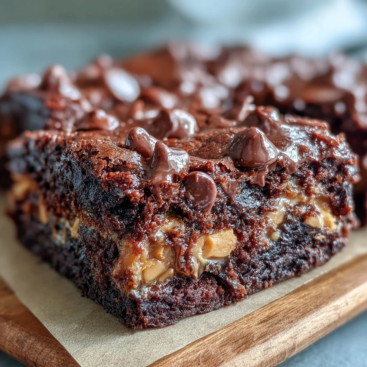 Serving suggestion for Rich Peanut Butter Cup Dump Cake: a warm wedge topped with vanilla ice cream melting over gooey peanut butter cups.