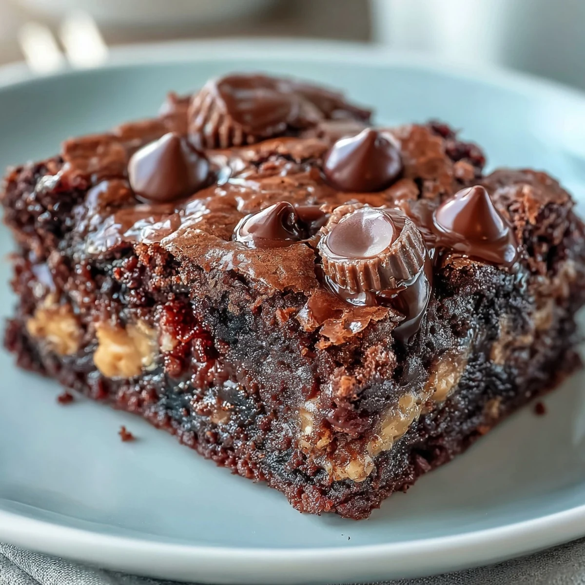 Freshly baked Rich Peanut Butter Cup Dump Cake in a glass pan, dotted with chocolate chips and mini peanut butter cups, ready to serve.