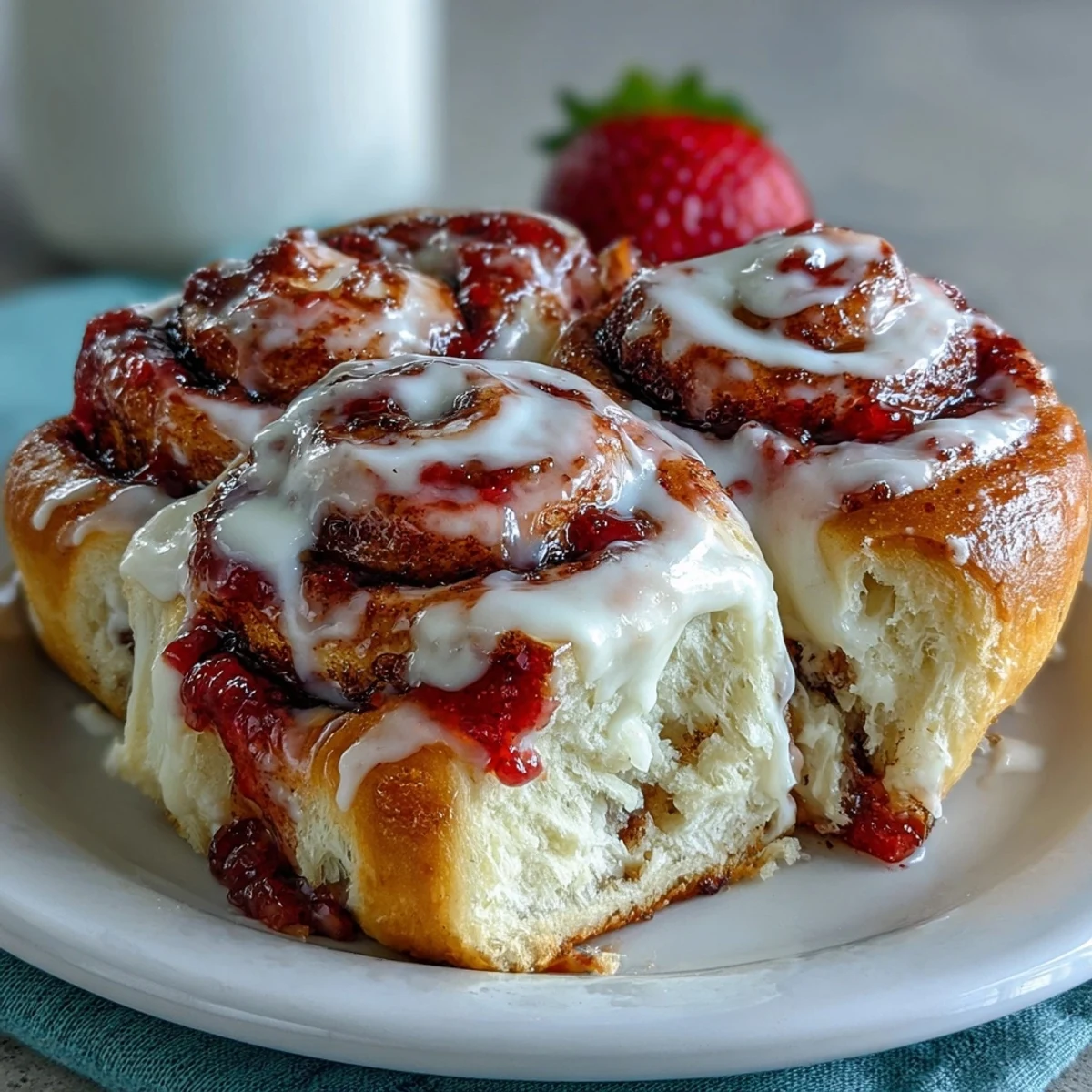 Freshly baked Strawberry Cinnamon Rolls swirled with warm fruit filling and drizzled with cream cheese glaze.  