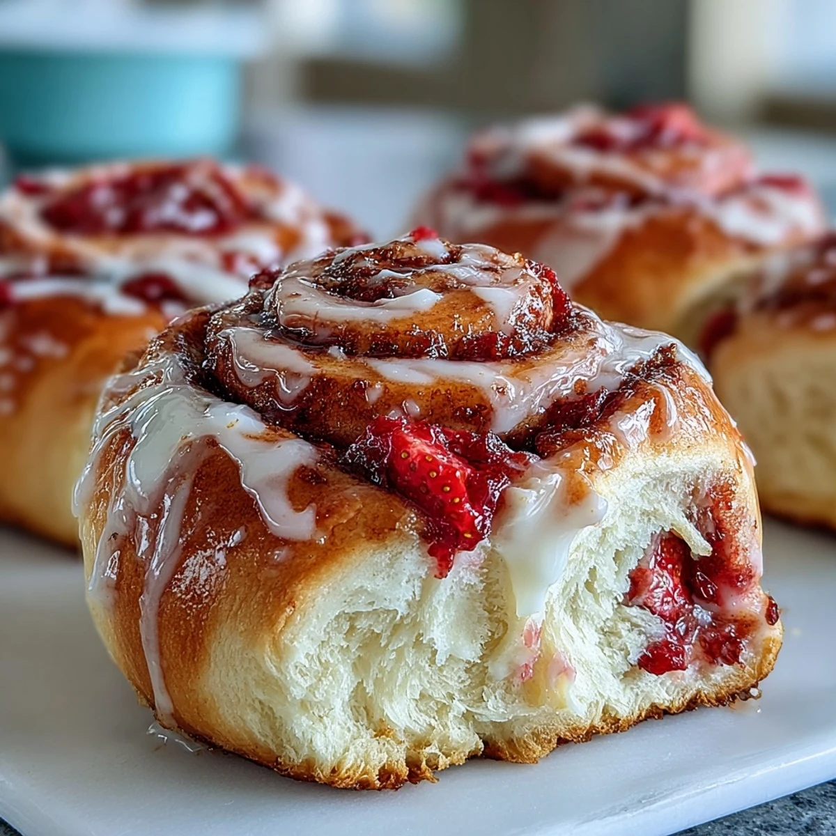 Golden Strawberry Cinnamon Rolls on a cooling rack, ready for a sweet breakfast or brunch.