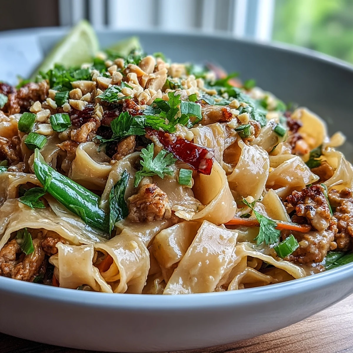 Creamy Thai-Inspired Peanut Noodle Bowls in a rustic bowl with tender ground chicken, snap peas, and fresh cilantro garnish.  