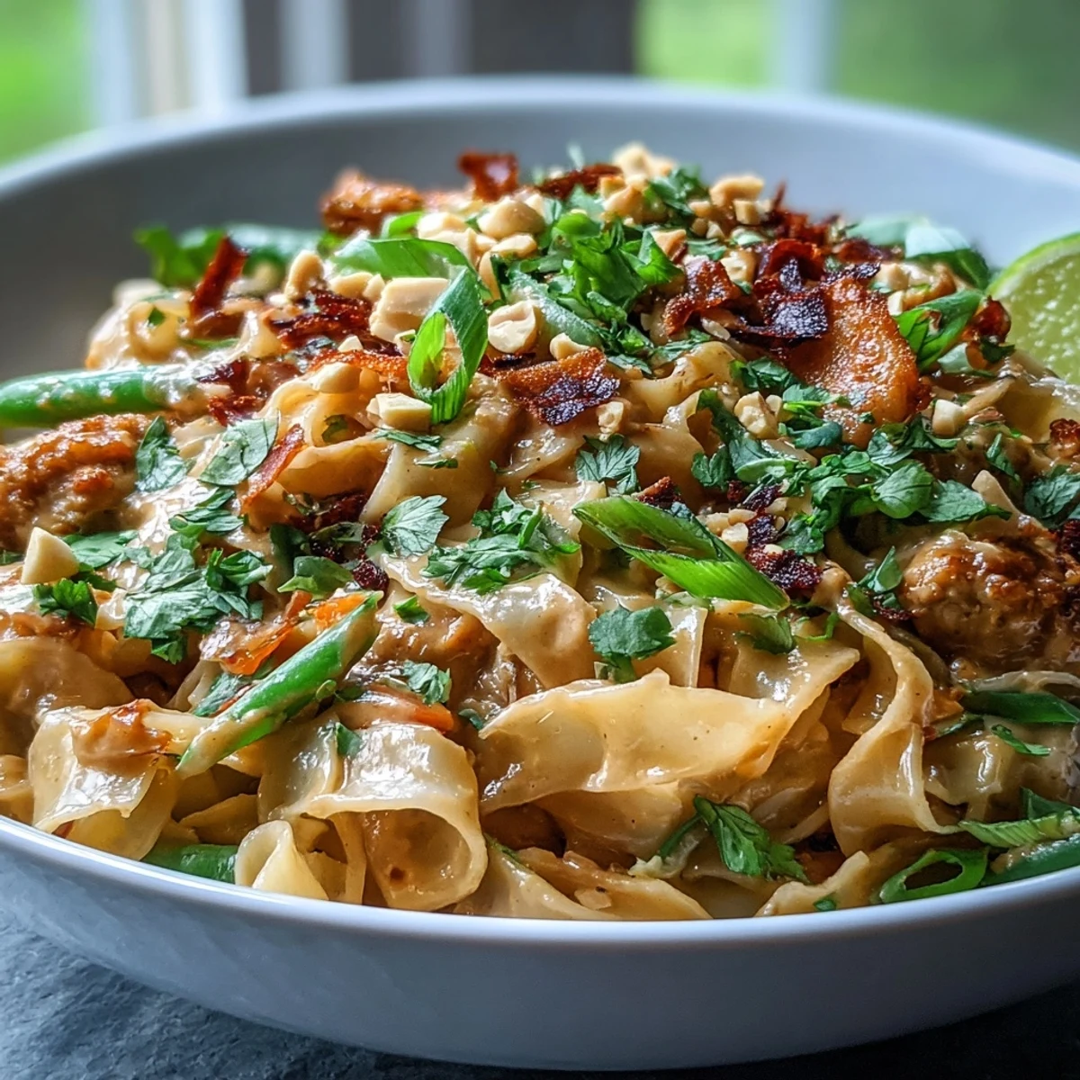 A close-up of Creamy Thai-Inspired Peanut Noodle Bowls topped with chopped peanuts and lime wedges for a zesty finish.