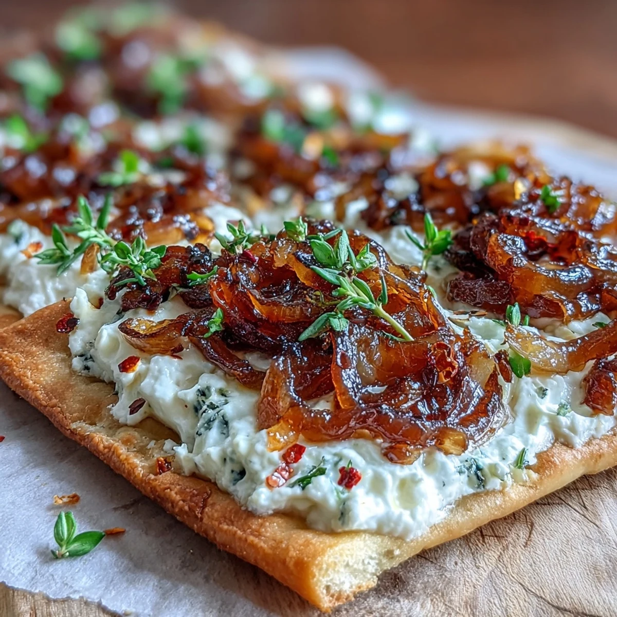 Sliced wedges of Goat Cheese & Caramelized Onion Flatbread on a rustic wood board, garnished with fresh thyme and a sprinkle of chili flakes.