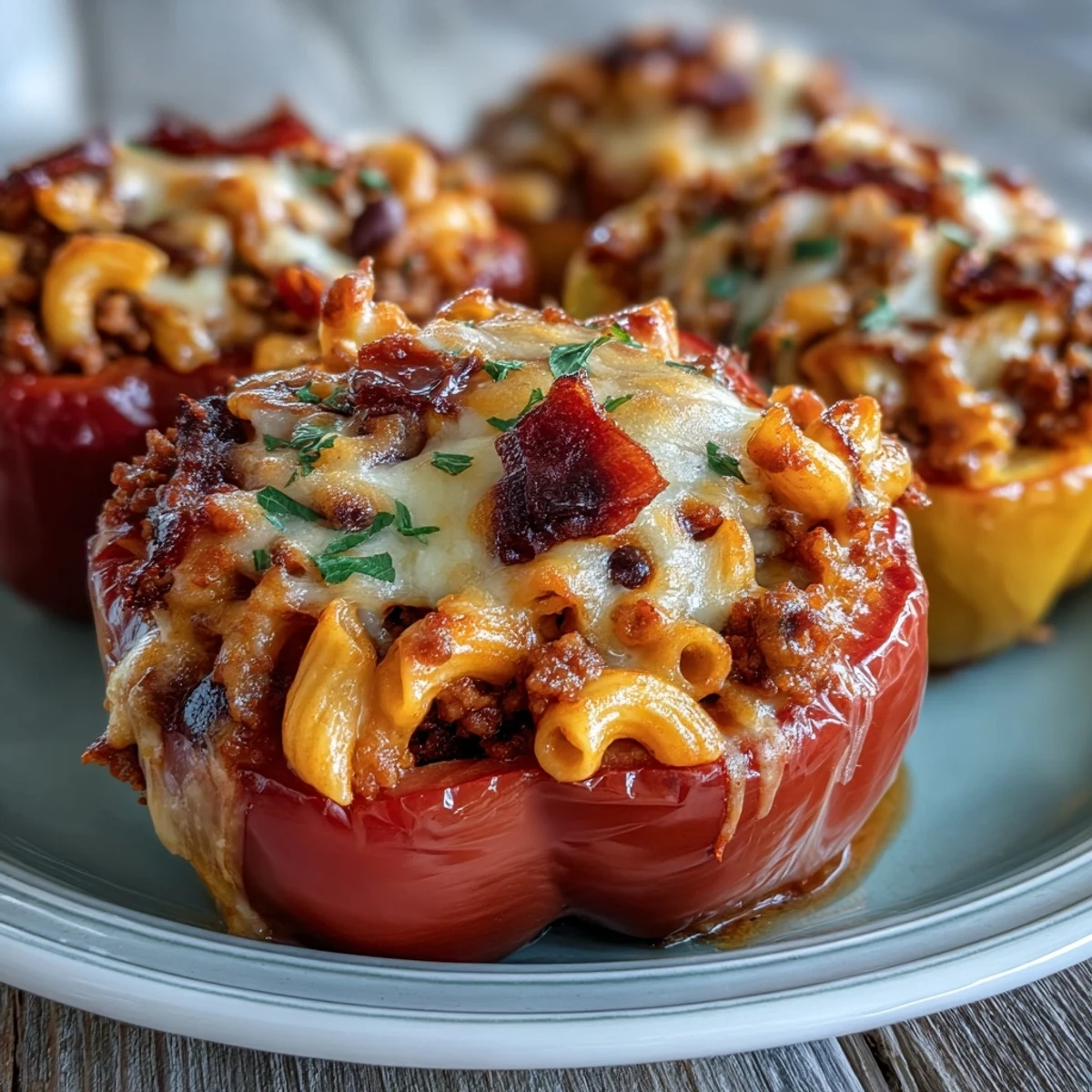 Golden baked bell peppers stuffed with hearty chili mac, bubbling with melted cheddar and fresh cilantro garnish.  