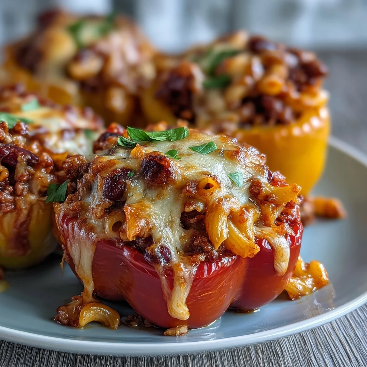 Colorful stuffed peppers filled with savory chili mac, topped with golden cheddar, ideal for a weeknight family dinner.  