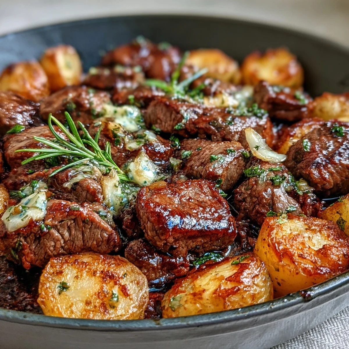 Golden, crispy potato wedges and tender steak bites glistening in rich garlic butter, garnished with fresh rosemary.  