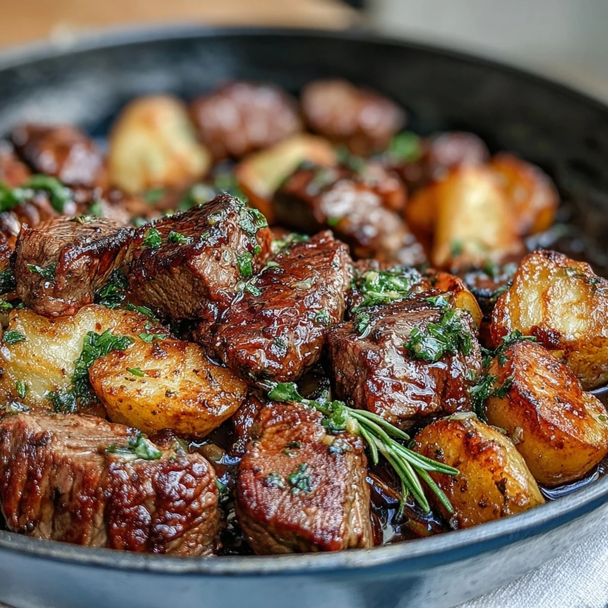 A close-up of Garlic Butter Steak & Potato Skillet, with buttery sauce, lemon zest, and vibrant parsley topping.