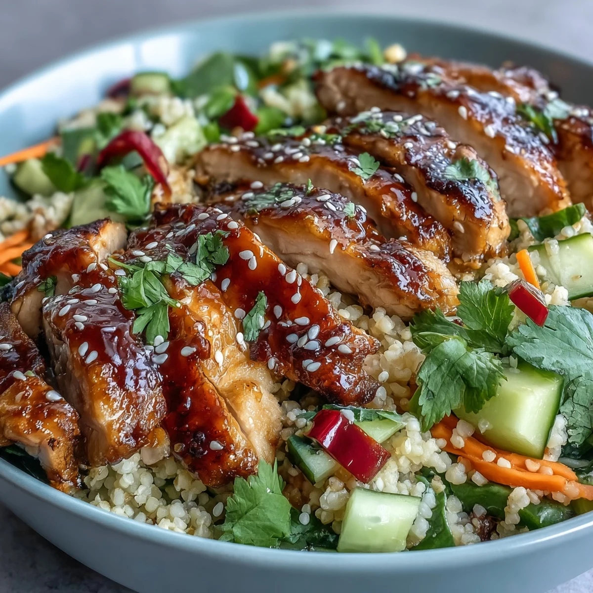 Hearty sesame ginger chicken couscous bowls showcase vibrant red bell peppers and green onions over a tangy Asian-fusion main dish.