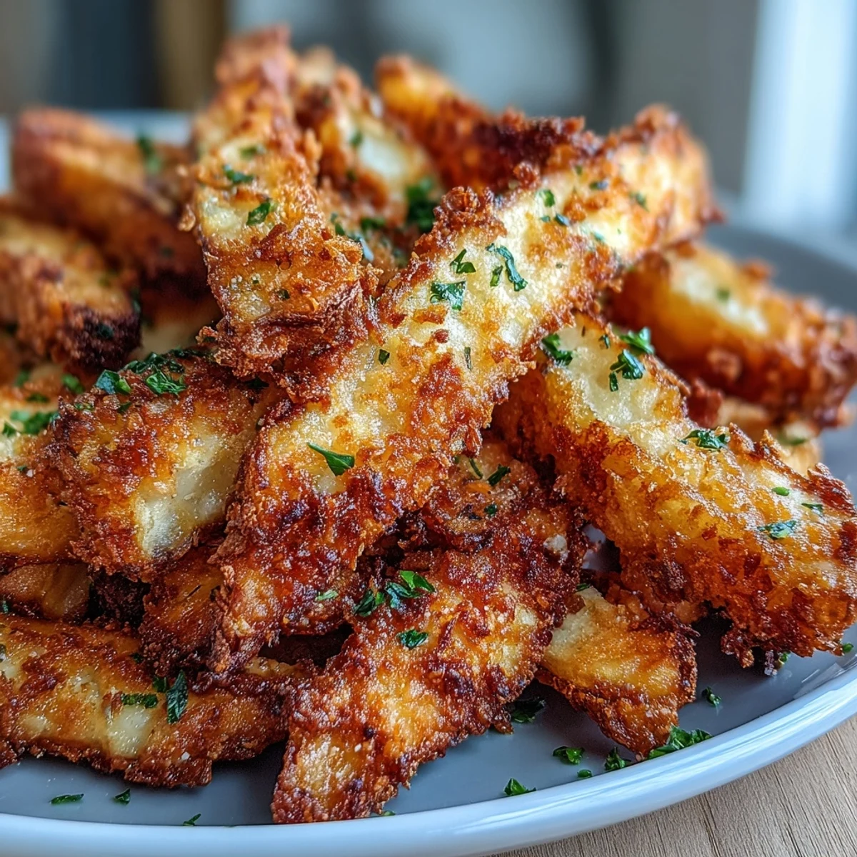 Freshly baked Crispy Baked Chicken Parmesan Fries resting on a wire rack, showcasing golden breadcrumbs and steamy cheese.