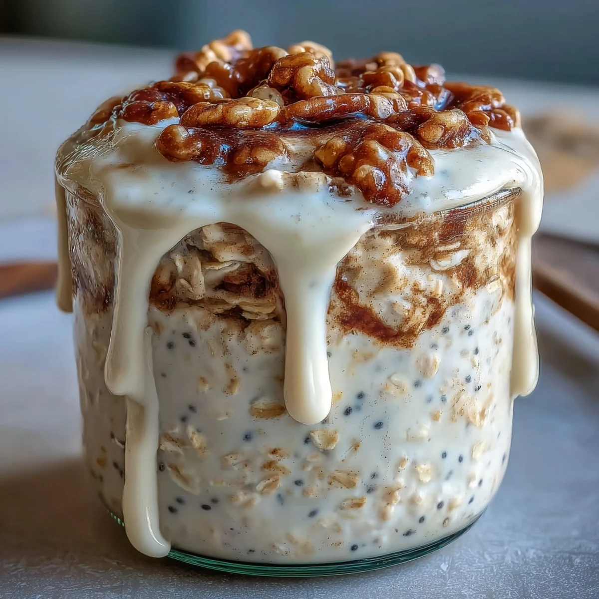 Two jars of creamy High-Protein Cinnamon Roll Overnight Oats, drizzled with a rich cream cheese glaze and topped with a dusting of cinnamon.  
