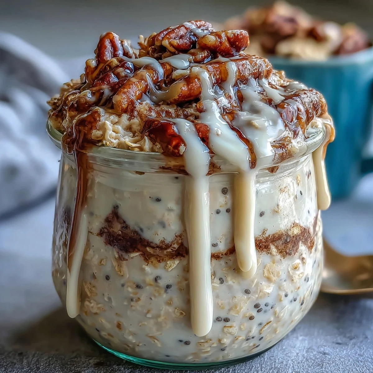 Healthy breakfast jars of High-Protein Cinnamon Roll Overnight Oats garnished with cinnamon, ready to enjoy after a quick overnight chill.