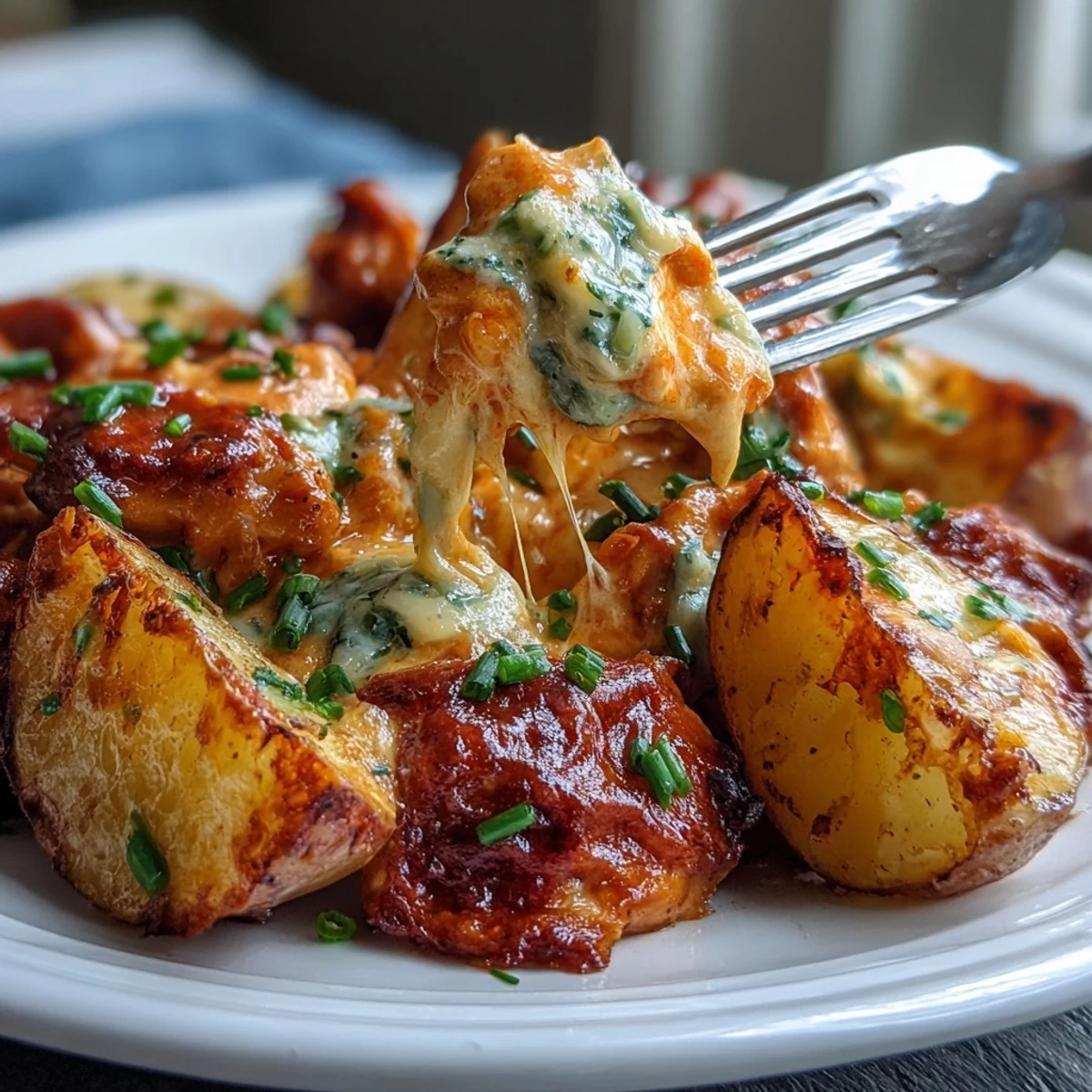 Golden-brown Buffalo Ranch Chicken Potato Bake fresh from the oven, featuring tender potatoes and juicy chicken coated in creamy ranch and spicy buffalo sauce.