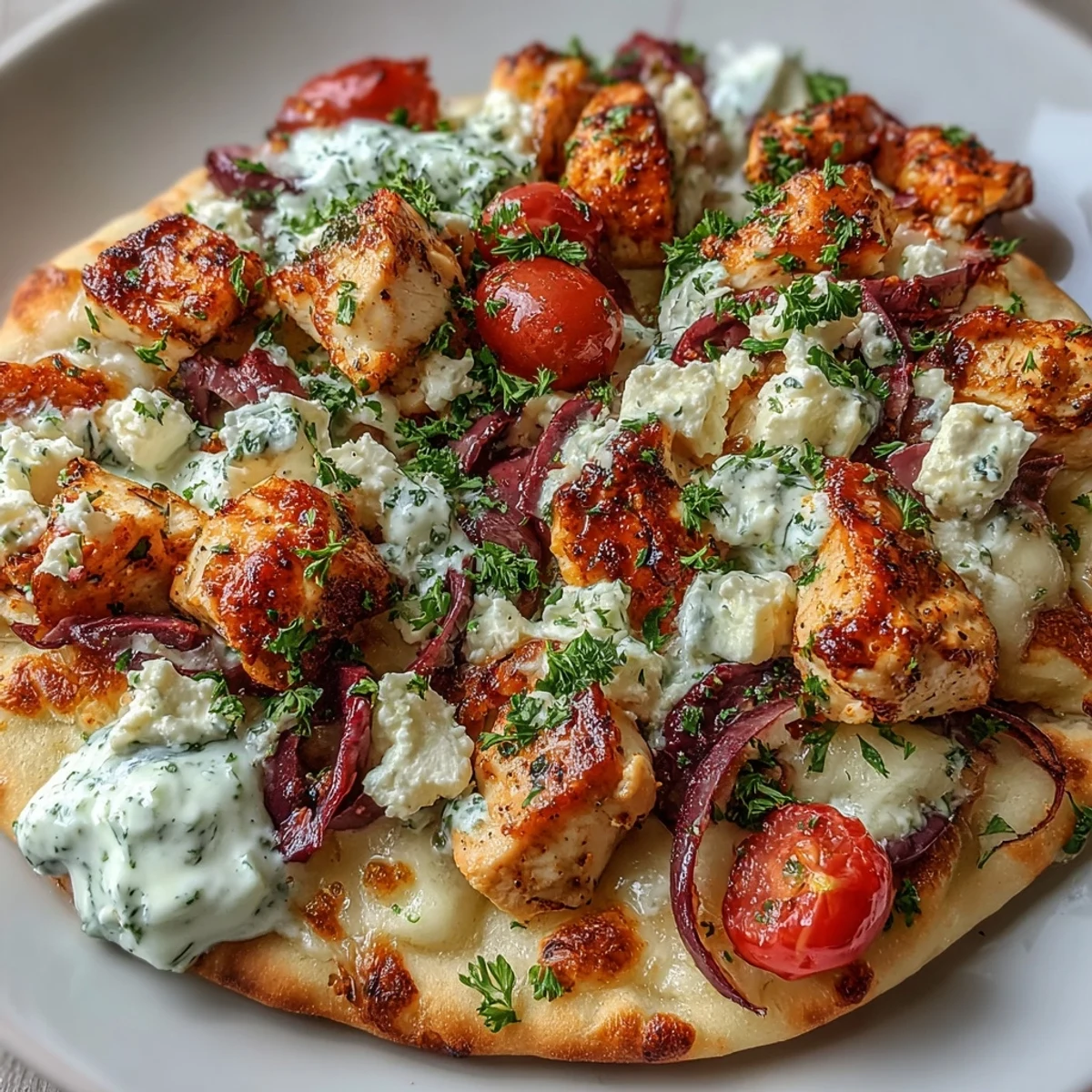 A close-up of a slice being lifted, revealing the creamy feta and tender lemon chicken nestled on the soft naan base.