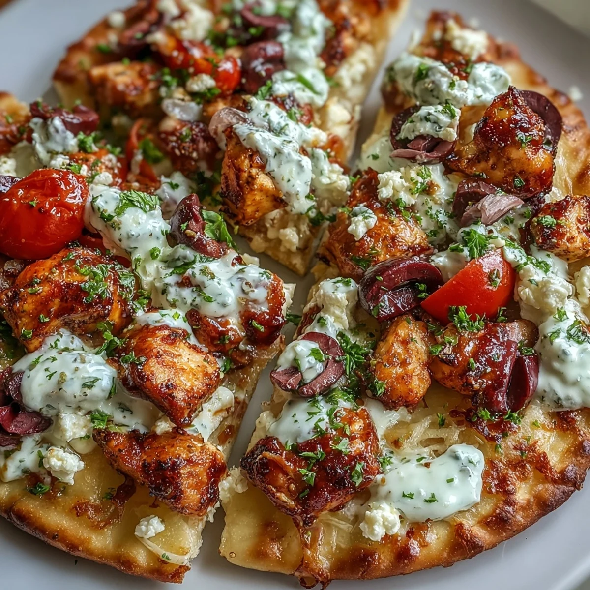 Plated Lemon Feta Chicken Naan Pizza served with lemon wedges and fresh dill, perfect for a quick Mediterranean-inspired dinner.