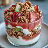 A close-up of Guava-Flavored Yogurt Parfait shows vibrant fruit and a mint garnish, served as a healthy breakfast or light dessert.