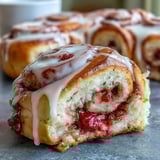 A warm Strawberry Cinnamon Roll with tender brioche dough, strawberry jam filling, and rich glaze.  