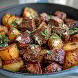 Garlic Butter Steak & Potato Skillet served hot, showcasing juicy steak cubes and herby potatoes in a sizzling cast iron pan.  