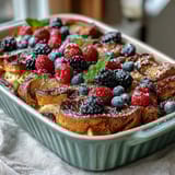 Golden-baked pancake casserole with juicy berries, creamy custard, and a dusting of powdered sugar for a special Mothers Day breakfast.  