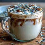 A creamy lavender oat milk latte with delicate floral notes, perfect for a relaxing morning or afternoon treat.