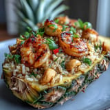 Colorful pineapple fried rice with tender shrimp and cashews, a stunning centerpiece dish.