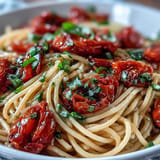 Overflowing bowl of pasta with slow-roasted cherry tomatoes, glistening garlic oil, perfect summer meal.