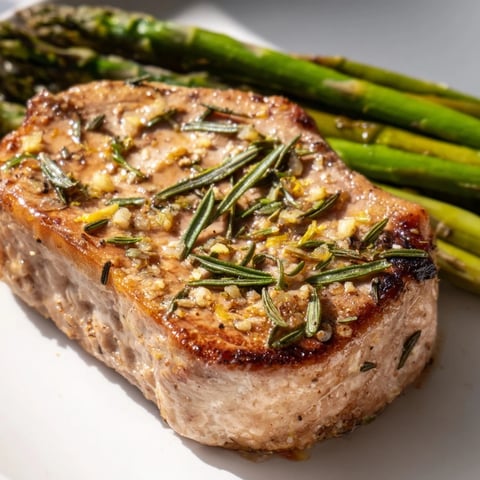 Golden-brown One-Pan Lemon Herb Pork Chops with asparagus, sizzling in a skillet, ready to eat.